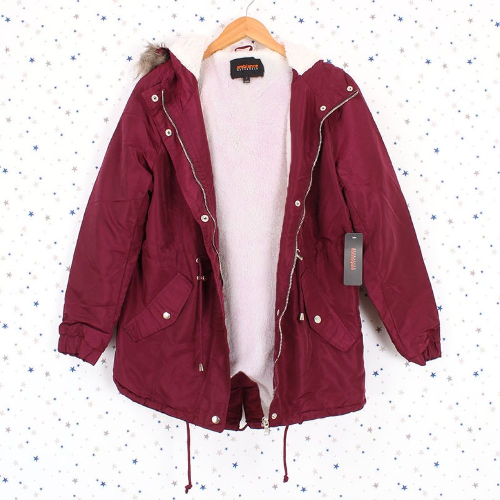 Burgundy Faux Fur Hooded Sherpa Fur Lined Jacket